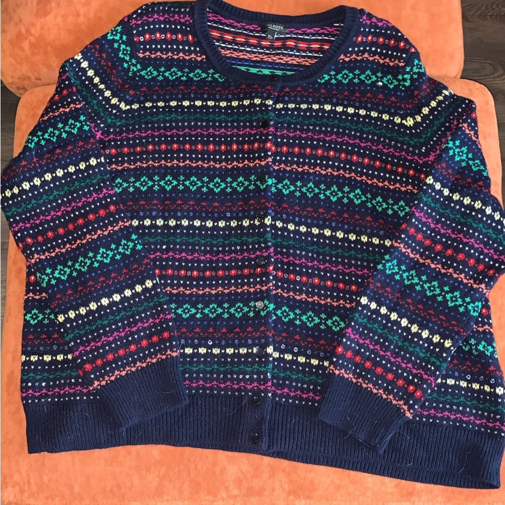 Lambs wool Cardigan w Striped sequin argyle Pattern plus size curvy